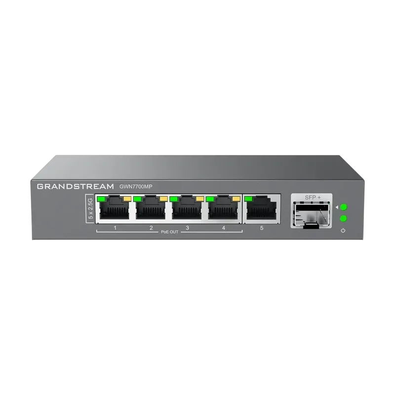 .5-port 10/100/2500Mbps Switch Grandstream "GWN7700MP", 1xSFP+ 1/10Gbps, 4xPoE Ports, Budged 57W, steel case