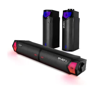 SVEN Compact gaming soundbar SB-G1450 with Bluetooth and dynamic switchable lighting, black (RMS 10W, USB, display, RC, Optical), Split type design